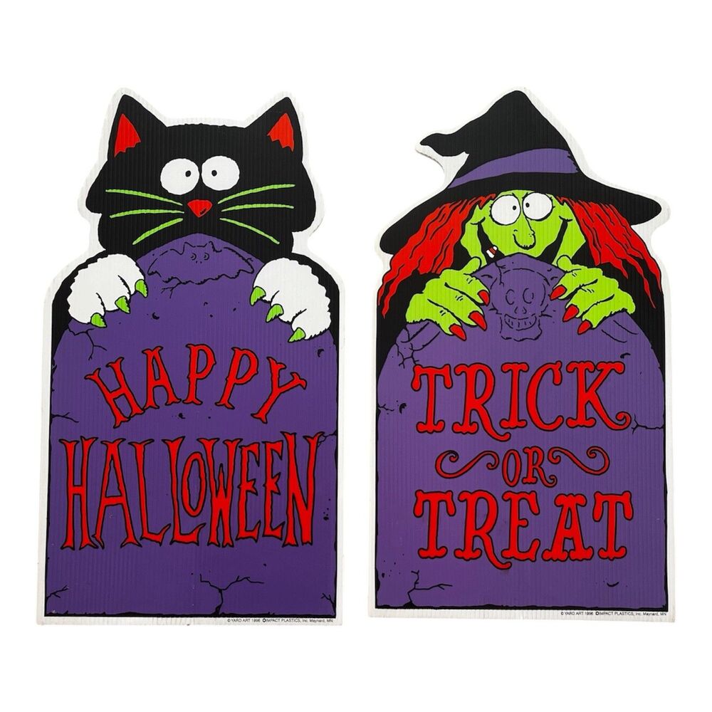 Vtg 1996 Impact Plastics Halloween Tombstone Peeker Yard Signs Cat & Witch Pair